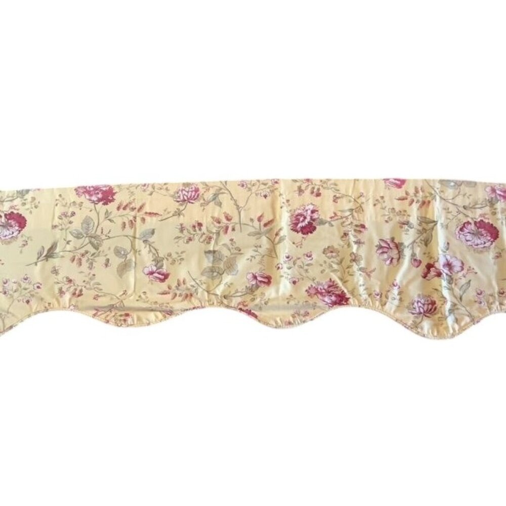 Vintage Floral Valance Curtain Yellow With Pink & Green Botanical Design Scallop
